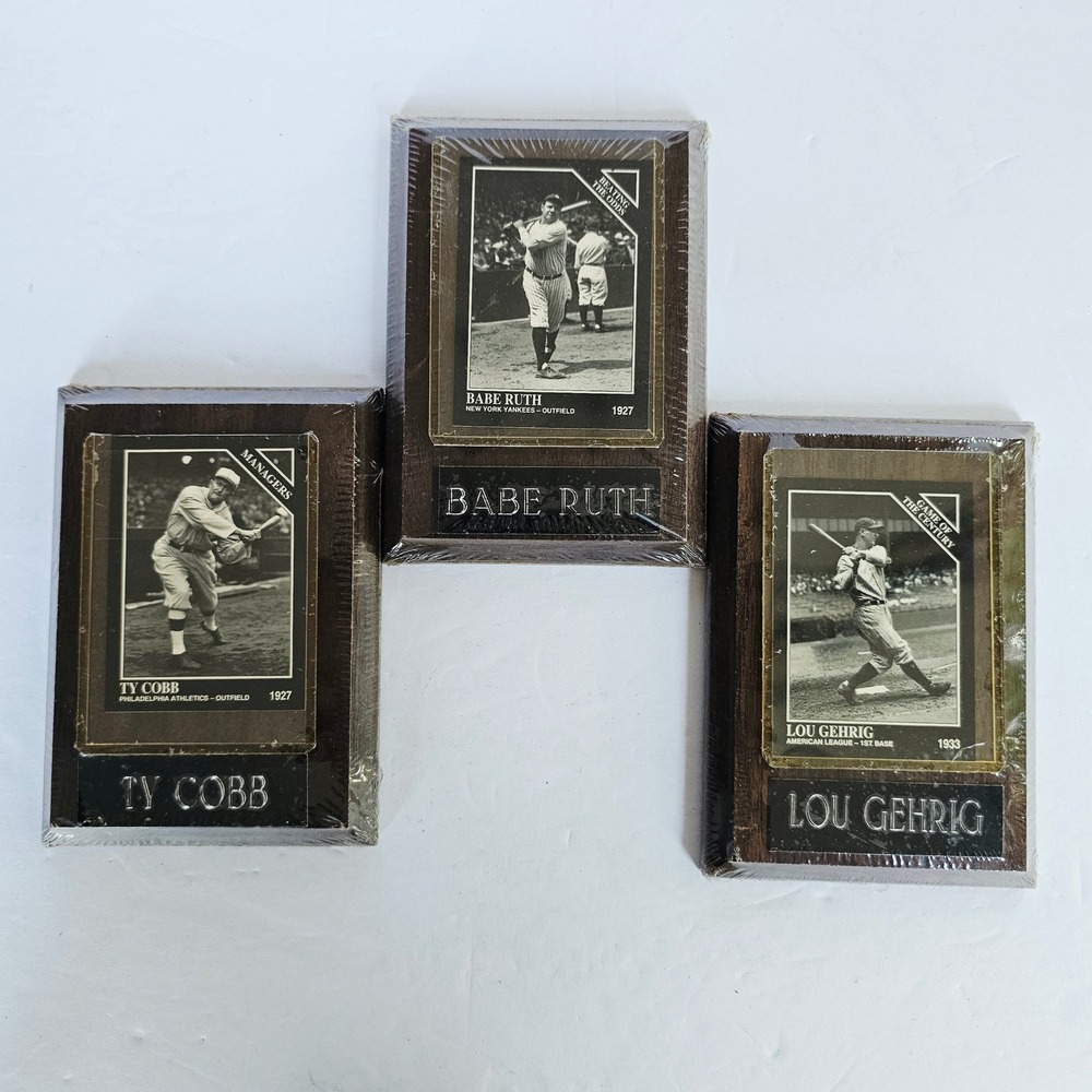 Vintage Baseball Plaque Set Babe Ruth Lou Gehrig Ty Cobb Wood Wall Decor 3pc